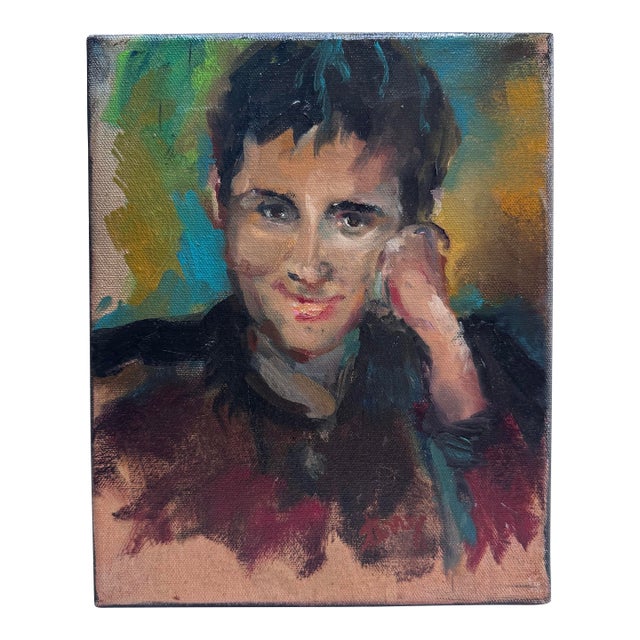 Vintage Mid Century Expressionist Male Portrait Original Oil Painting in Maroon, Ochre and Green For Sale