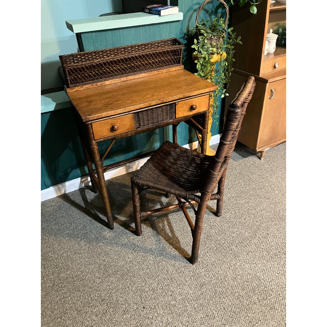 Bauhaus 1930s Wicker Rattan Writing Desk & Chair For Sale - Image 3 of 12