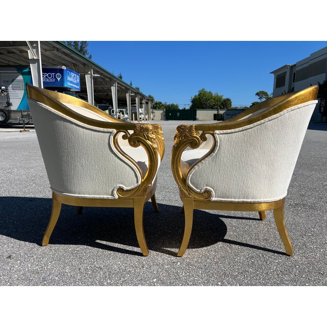 French 1950s Companion Pair Louis XVI Style Gold Gilt Upholstered Arm Chairs For Sale - Image 3 of 17