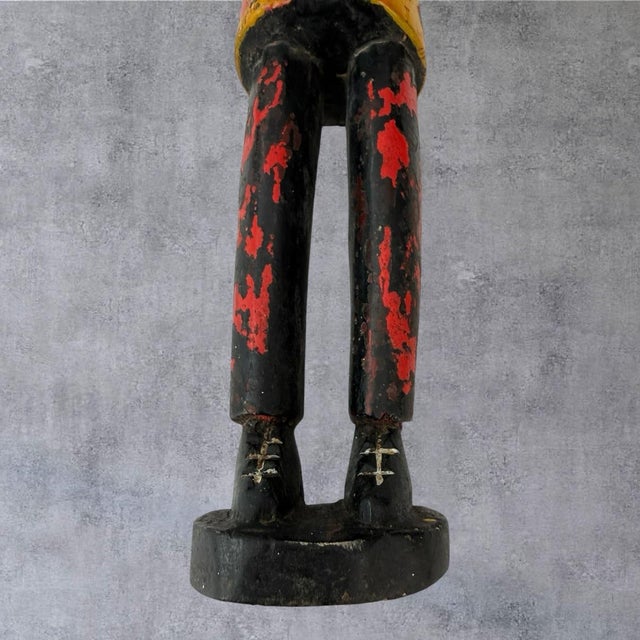Yellow Vintage African Carved Wood Colon Statue Figure Gentleman Suit Painted 17 In For Sale - Image 8 of 10