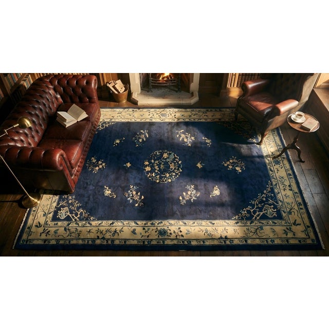 Gorgeous Navy Background Color and Beige Border With Floral-Medallion Design Antique Chinese Peking Rug For Sale - Image 11 of 12