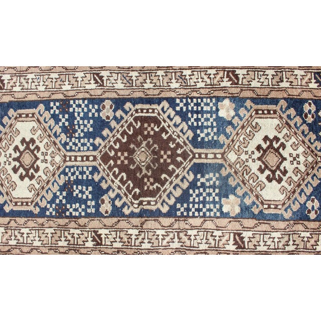 Navy Blue Antique Blue Tribal Karajeh Runner With Navy Blue, Brown and Earth Tones For Sale - Image 8 of 13