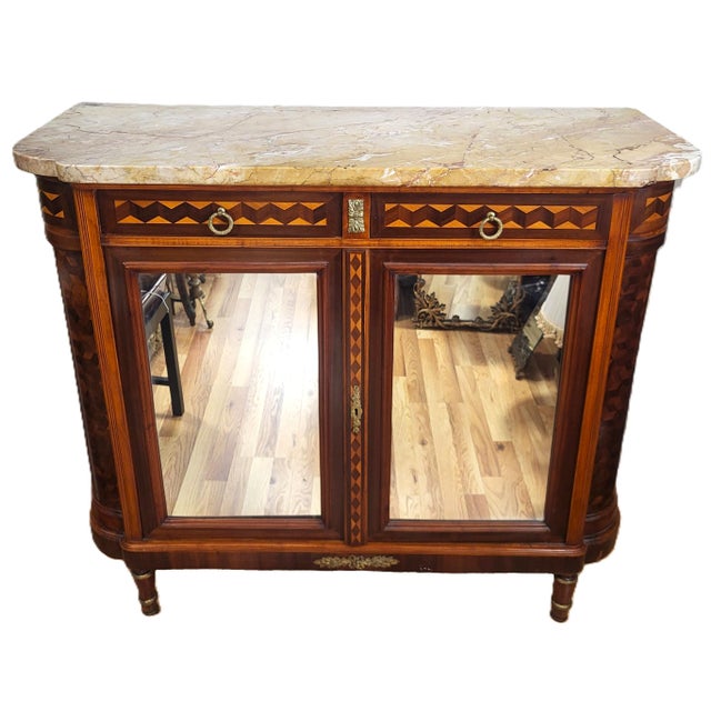 Brown Antique French Louis XVI Inlaid Marble Top & Mirror Door Cabinet Buffet Chest For Sale - Image 8 of 16