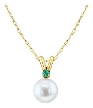 Solitaire Pearl Necklace with Emerald Accent 14k Yellow Gold 16"