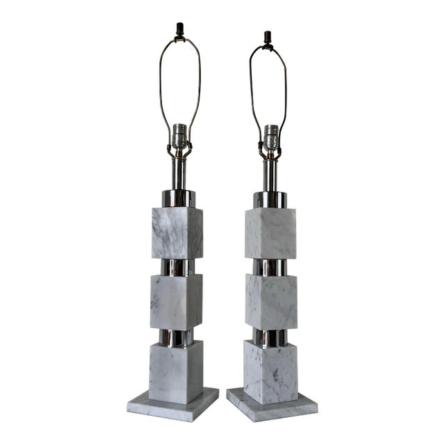 Pair of Vintage Italian Stacked Marble & Chrome Table Lamps For Sale