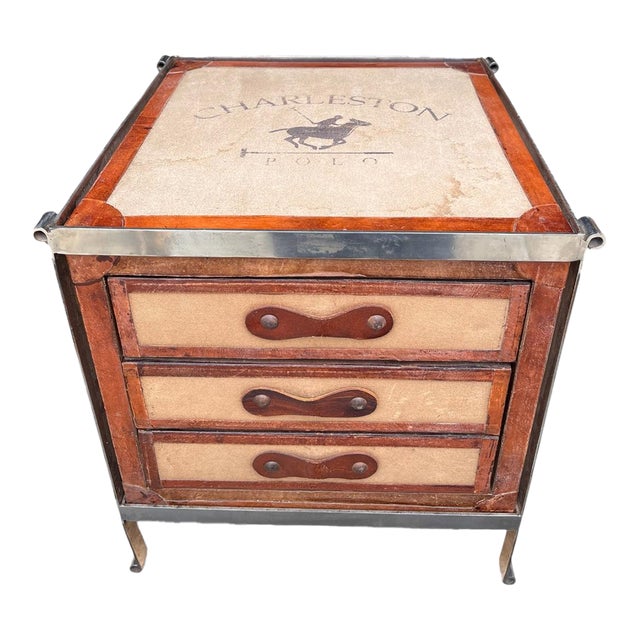 1990s Charleston Polo Campaign Style Three-Drawer Side Table With Glass Top. For Sale