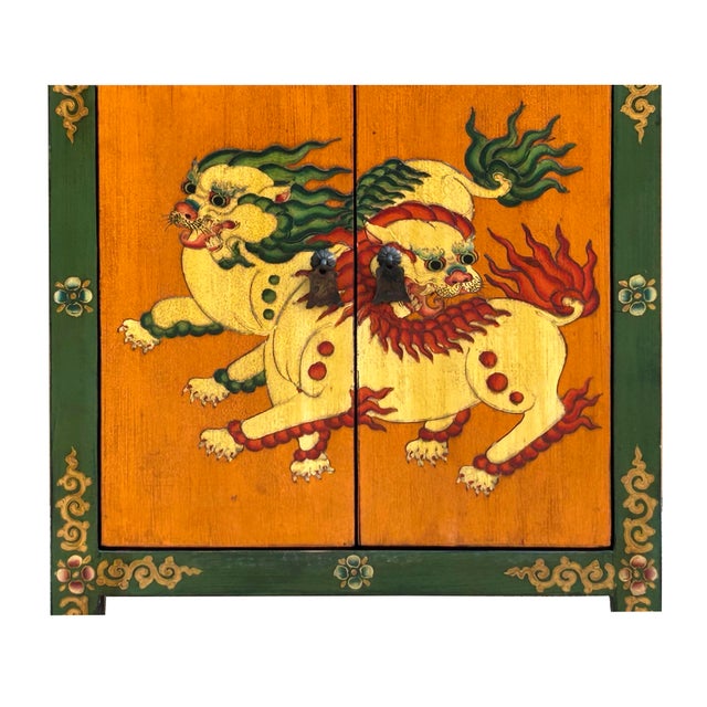 1980s Tibetan Style Green Orange Two Snowlions End Table Nightstand For Sale - Image 5 of 10