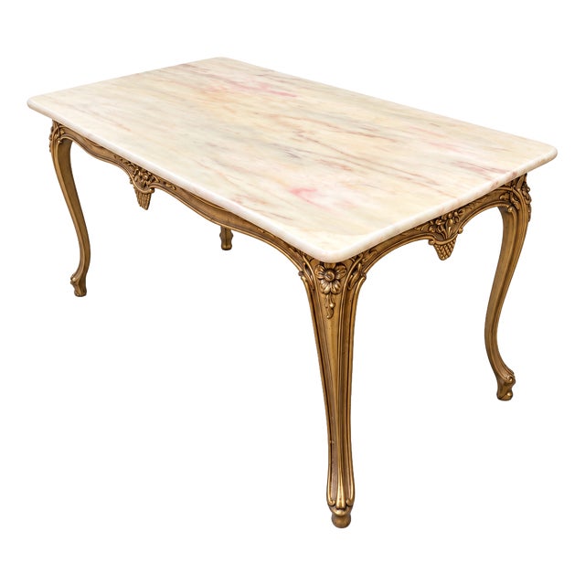 Louis XV Style Coffee Table in Gilt Bronze with Veined Marble Top, 1950s For Sale