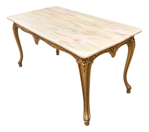 Louis XV Style Coffee Table in Gilt Bronze with Veined Marble Top, 1950s