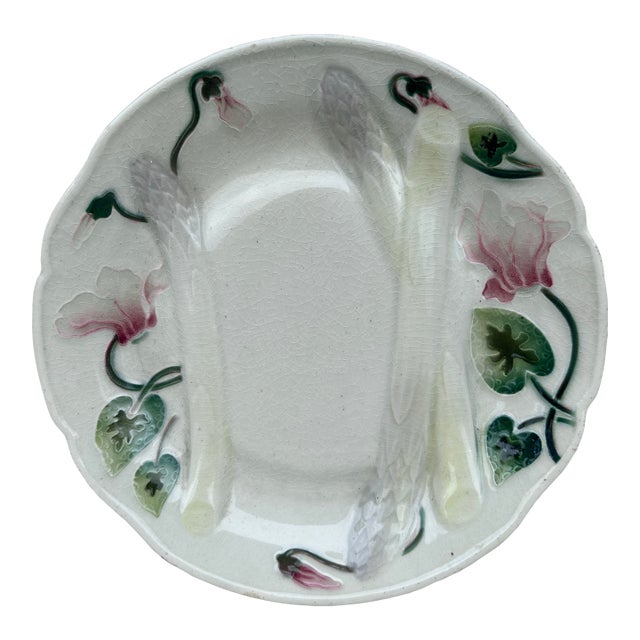 Majolica Asparagus Plate With Cyclamens Keller & Guerin Saint Clement For Sale