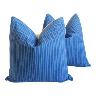 French Country Beachy Coastal Blue, Purple & Green Striped Feather/Down Pillows 23" Square - Pair For Sale