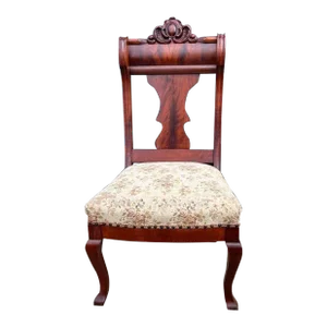Antique Flame Mahogany Carved Upholstered Side Chair, 19th Century