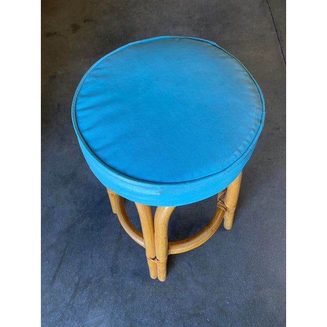 Wood Restored Single Stand Arched Rattan Bar Stool W/ Teal Green Seat, Set of Four For Sale - Image 7 of 9