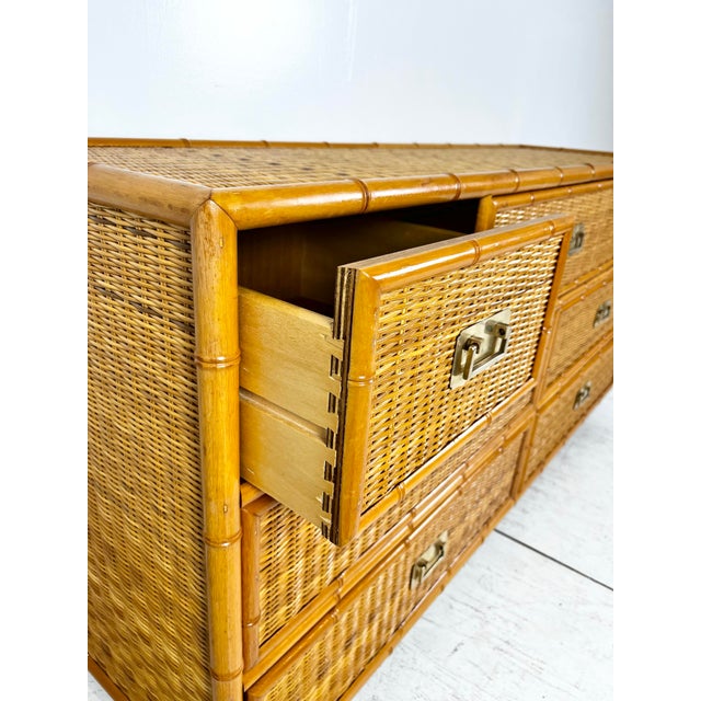 Vintage Campaign Style Faux Bamboo Wicker Chest of Drawers For Sale - Image 11 of 12