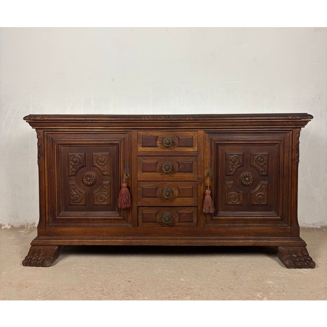 Vintage Spanish Renaissance Style Low Sideboard in Oak with Carved Panel, 1920 For Sale - Image 6 of 13