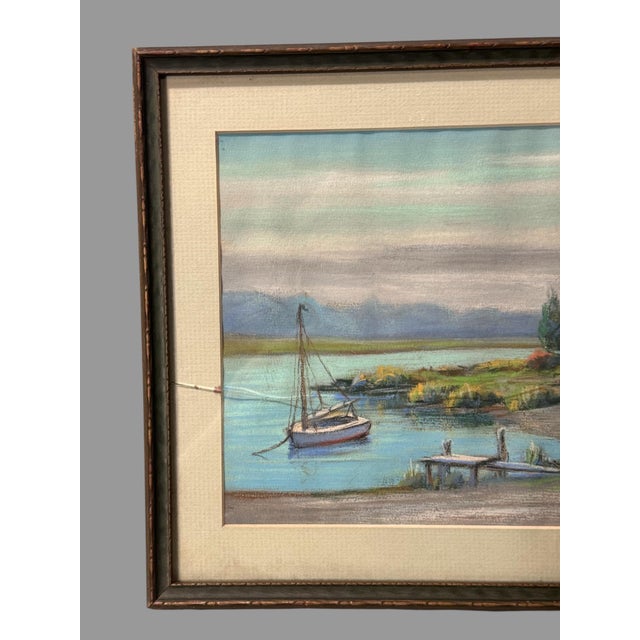 Vintage Riverside Landscape Framed Pastel Watercolor Painting With Sailboat For Sale - Image 4 of 6