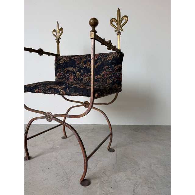 Metal Vintage Italian Wrought Iron Savonarola Chair With Brass Fleur-De-Lis Finials For Sale - Image 7 of 12