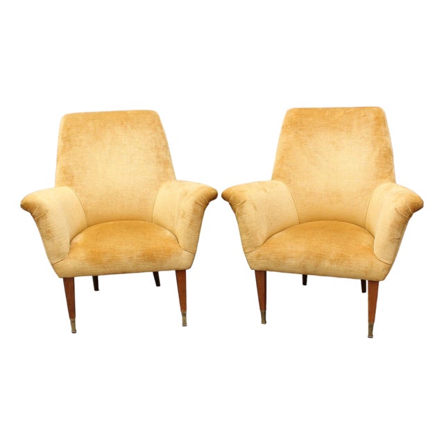 Set of Mid-Century Modern Italian Armchairs in Golden Velvet, 1950s For Sale