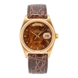 Vintage Rolex Day Date 36mm 18038 Spanish Wood Dial Brown Leather 18k Gold Watch For Sale