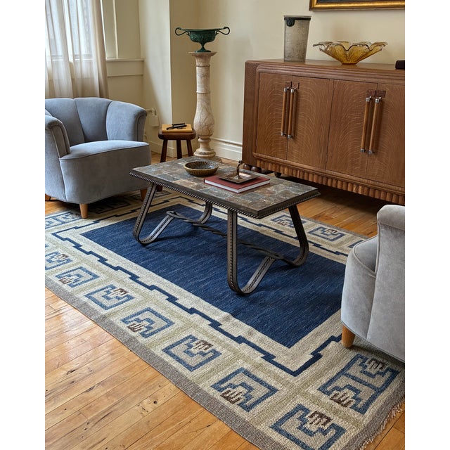Rare 1940's Swedish Killim Rug by Aina Kånge. Beautiful Blue, green and brown colored pattern in a greek revival style...