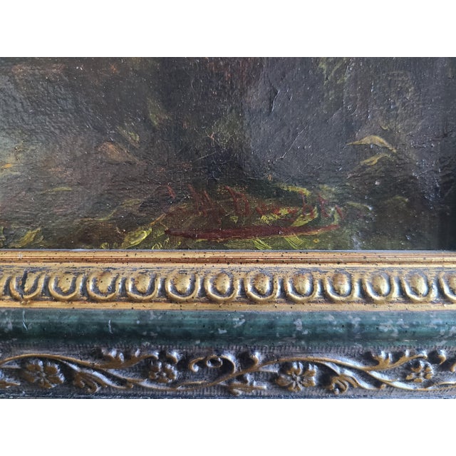 Dark Gray Antique 19th Century Oil Painting Moody Woodland Landscape With Deer For Sale - Image 8 of 15