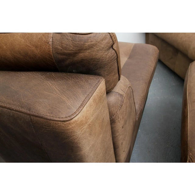 Brown Leather Patchwork Lounge Chairs and Stool, 1970s, Set of 3 For Sale - Image 3 of 15