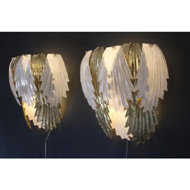 Gold Gold and White Murano Glass Sconces in Leaf Shape, 1980s, Set of 2 For Sale - Image 8 of 18