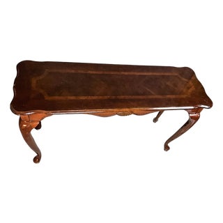 Late 20th Century Queen Anne Style Carved Shell Inlaid Banded Mahogany Console Sofa Table With Pad Feet For Sale