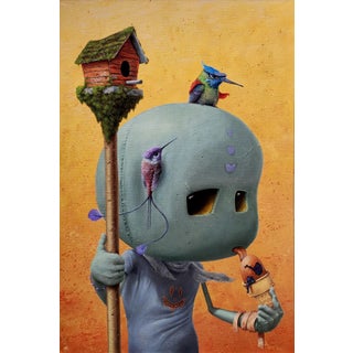 Just One Lick by 3rd Version (Ben Patterson) | Acrylic and Oils on Cotton Canvas humanoid figure with birds and ice cream For Sale