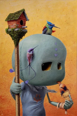 Just One Lick by 3rd Version (Ben Patterson) | Acrylic and Oils on Cotton Canvas humanoid figure with birds and ice cream