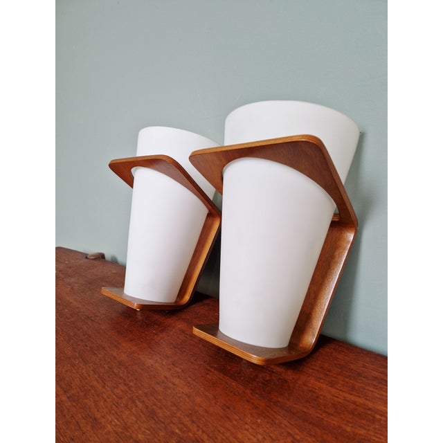 Teak and Opaline Wall Sconces by Louis Kalff for Philips, 1950, Set of 2 For Sale - Image 6 of 18