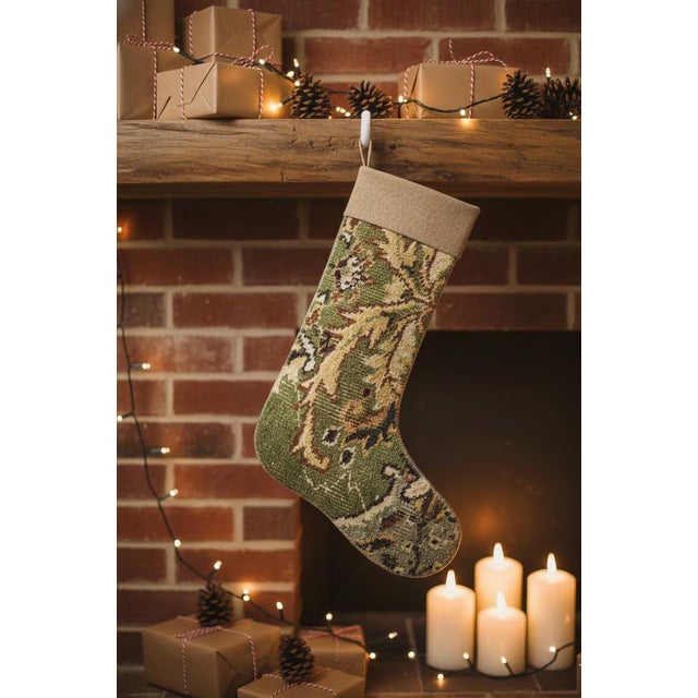 Boho Chic Vintage Kilim Christmas Stocking With Mauve Fabric Cuff, Olive Leaf Wool, 12.6 X 18.5 in – One of a Kind Decor For Sale - Image 3 of 9