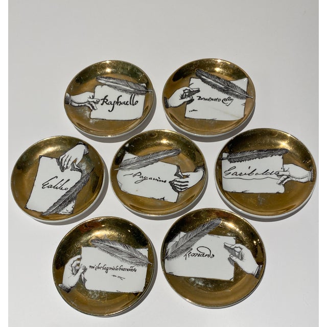 Set of Seven Vintage Italian Gilt Porcelain “Autografi” Coasters by Piero Fornasetti For Sale - Image 12 of 12