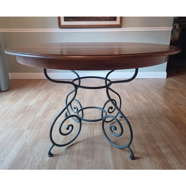 Ethan Allen Refinished Round Dining Table With Iron Metal Base & Leaf