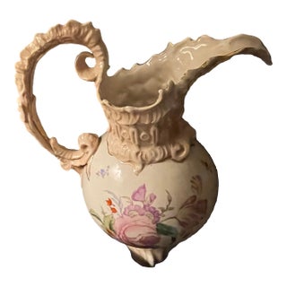 Antique Victorian Ewer Pitcher Hand Painted Florals Gold Trim 11" Ruffled #409 For Sale