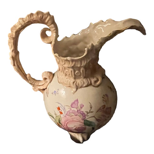 Antique Victorian Ewer Pitcher Hand Painted Florals Gold Trim 11" Ruffled #409 For Sale