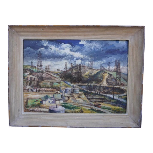 Janós Bernát Industrial California Landscape, Los Angeles Oil Wells 1950 Oil on Board Painting, Framed For Sale