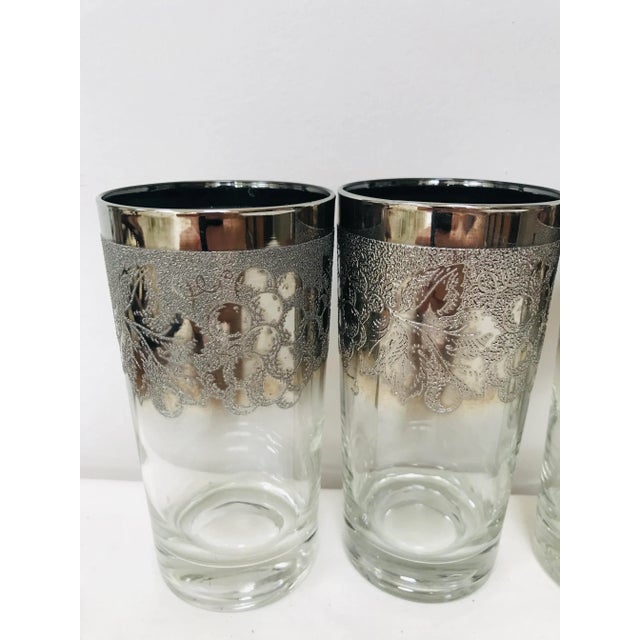 Mid-Century Modern Mid-Century Vitreon Queen's Lusterware Etched Silver Long Drink Glasses - Set of 4 For Sale - Image 3 of 6