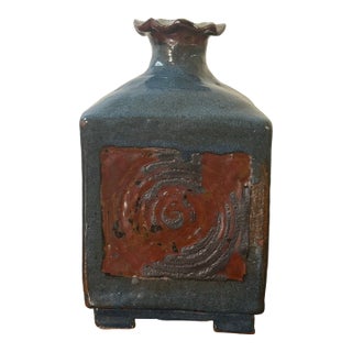 Vintage Mid-Century Studio Ceramic Vase, Sculptural Blue Glaze For Sale