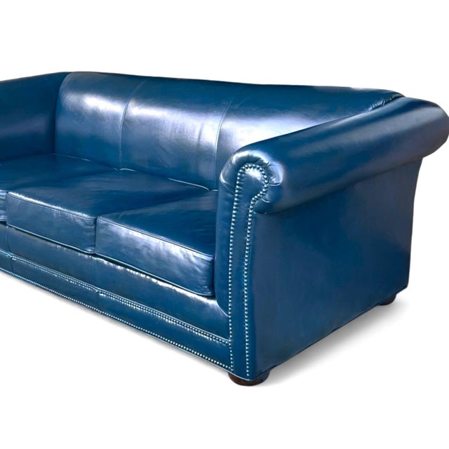 1960s Navy Blue Leather Roll-Arm Sofa With Brass Nailhead Trim and Wooden Bun Feet For Sale In Los Angeles - Image 6 of 12