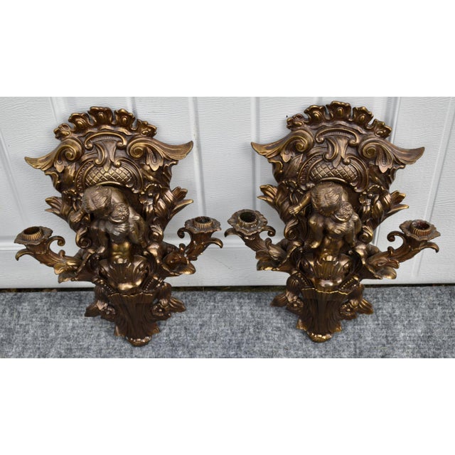 Vintage (1980's) Pair of Ornate Candle Holders in a Bronzed Finish Gold Color. Ornate Cherub Details. These are Very Heavy...