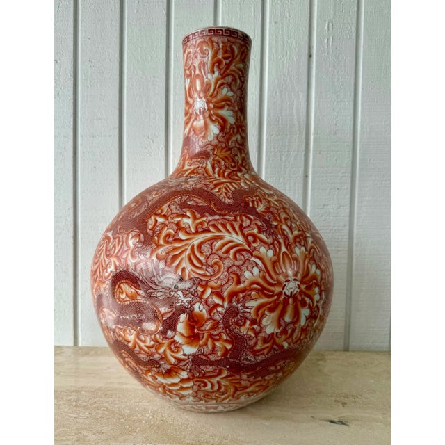 Ceramic Pair of Oversized Green Eyed Red Dragon Five Fingered Claws Chinese Vases For Sale - Image 7 of 10