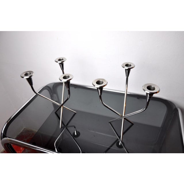 Hollywood Regency Scandinavian 3-Arm Candlesticks in Alpaca, Sweden, 1970, Set of 2 For Sale - Image 3 of 9