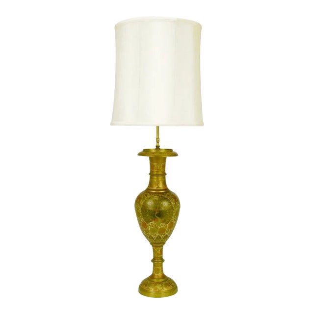 Incised Brass & Hand Painted Peacock Vase Form Table Lamp For Sale