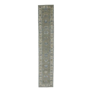 Early 21st Century Green & Blue Floral Design Handwoven Wool Turkish Oushak Runner 2'9" X 14'9" For Sale