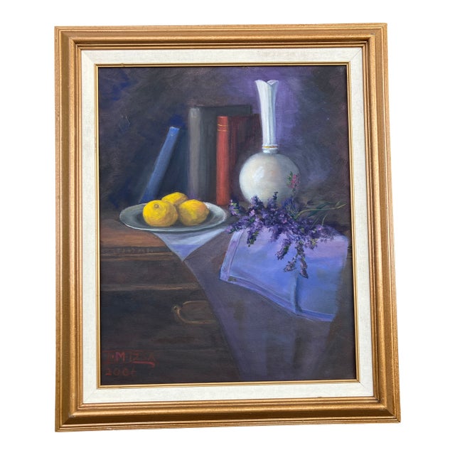 Contemporary Original Still Life Painting With Lemons Vase & Books Signed Framed For Sale