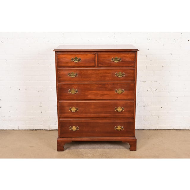 American Henkel Harris Georgian Solid Cherry Wood Highboy Dresser, Circa 1960s For Sale - Image 3 of 12
