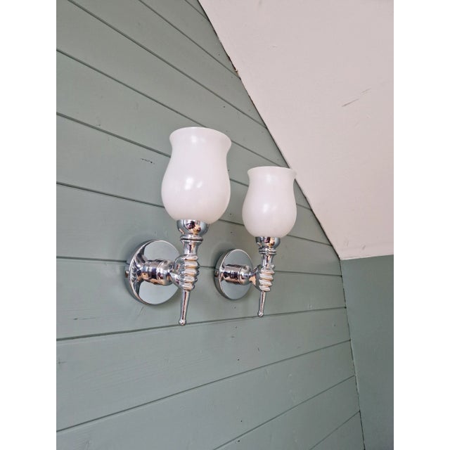 1960s Wall Lights in Chromed Metal and White Satin Glass, 1960, Set of 2 For Sale - Image 5 of 10