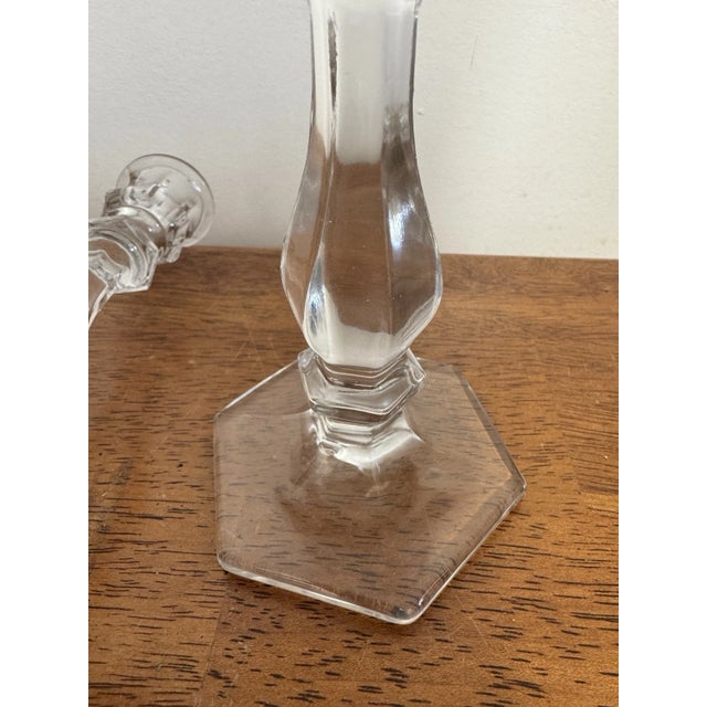 Vintage Pair Clear Glass Crystal Candlesticks 7.5" Hexagon Base Taper Holders For Sale - Image 9 of 11