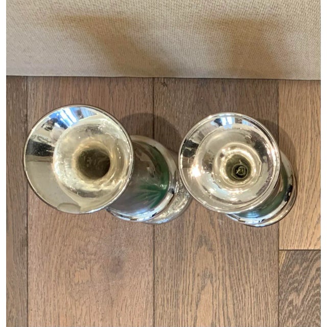 Vintage mercury glass decorative urns, set of two. Hand-painted, with heron and pond grass motif.